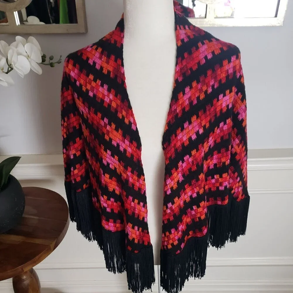 Vintage Handwoven Boho Scarf Cape Wrap Vibrant Geometric Pattern & Black Fringe